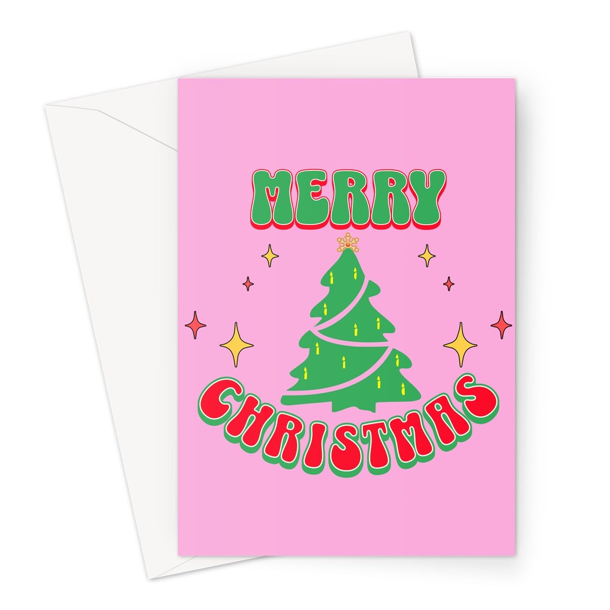 Pink Green Merry Christmas Greeting Cards - Pack of 10 Cards