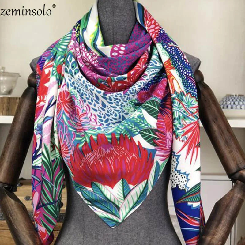 100% Silk Scarf for Women Large Shawls Floral Print 130x130cm