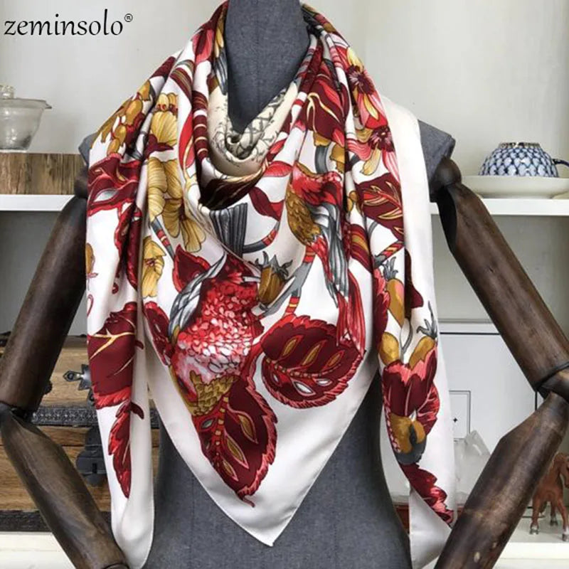 100% Silk Scarf for Women Large Shawls Floral Print 130x130cm