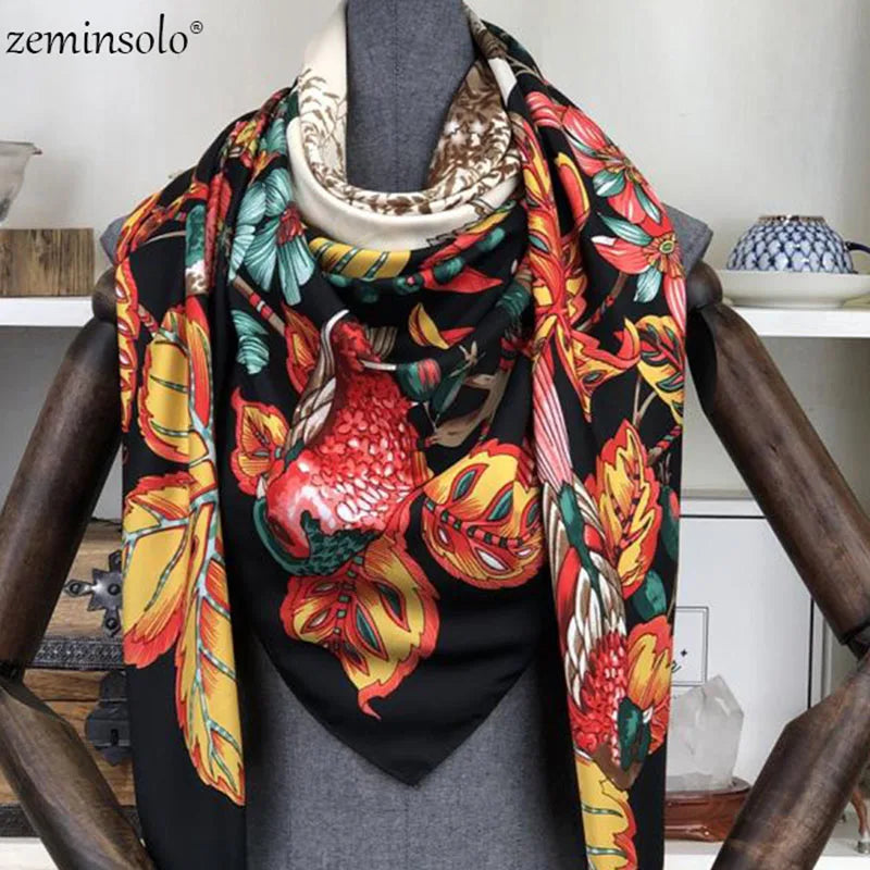 100% Silk Scarf for Women Large Shawls Floral Print 130x130cm