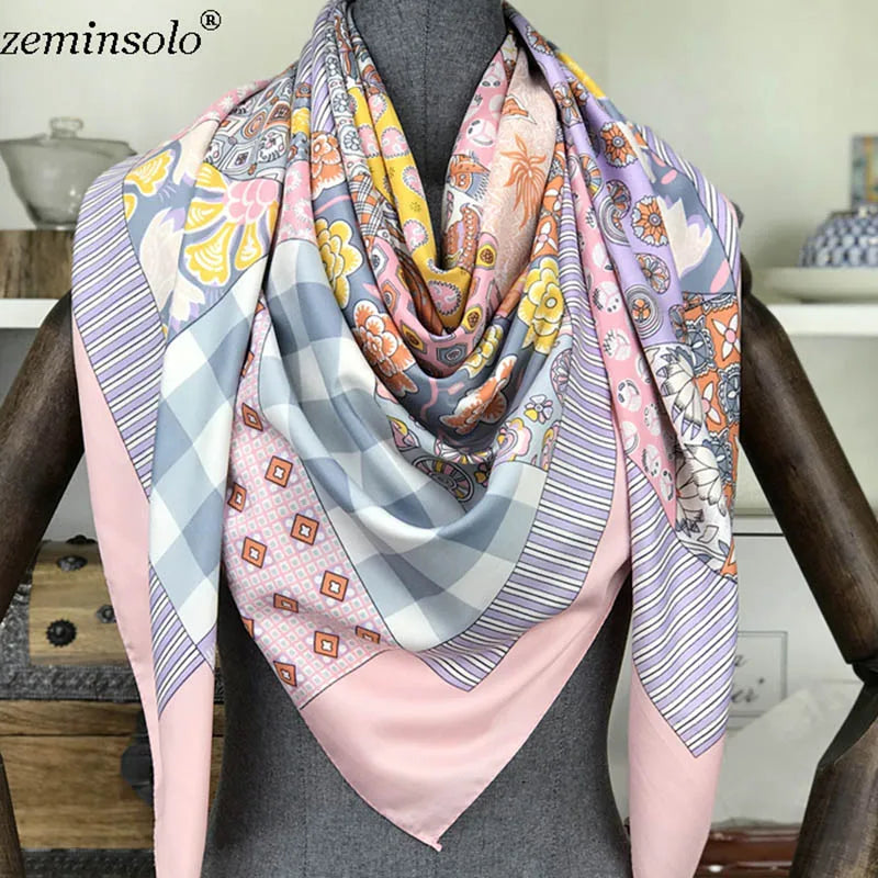 100% Silk Scarf for Women Large Shawls Floral Print 130x130cm