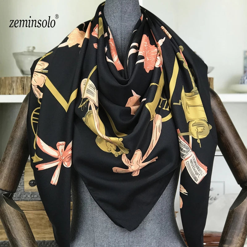100% Silk Scarf for Women Large Shawls Floral Print 130x130cm