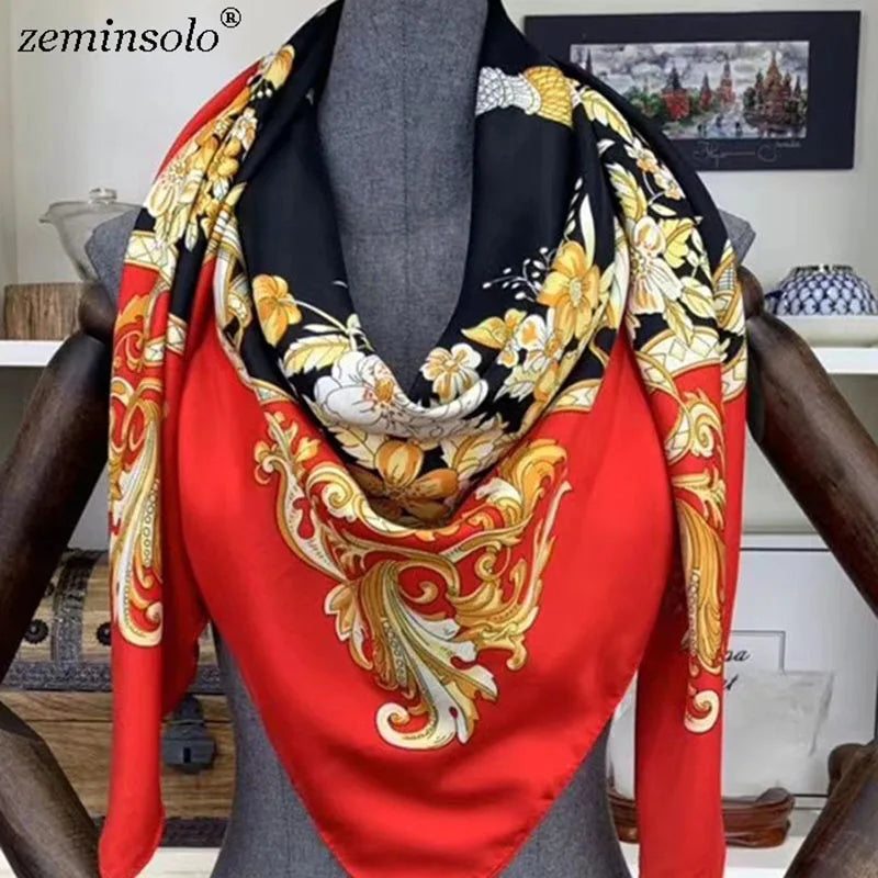 100% Silk Scarf for Women Large Shawls Floral Print 130x130cm