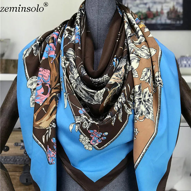100% Silk Scarf for Women Large Shawls Floral Print 130x130cm