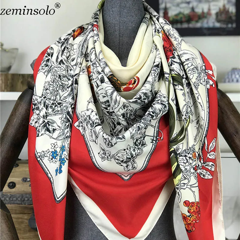100% Silk Scarf for Women Large Shawls Floral Print 130x130cm