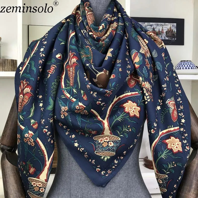 100% Silk Scarf for Women Large Shawls Floral Print 130x130cm