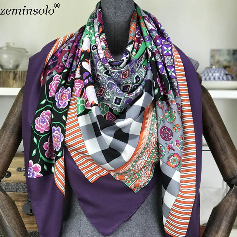 100% Silk Scarf for Women Large Shawls Floral Print 130x130cm