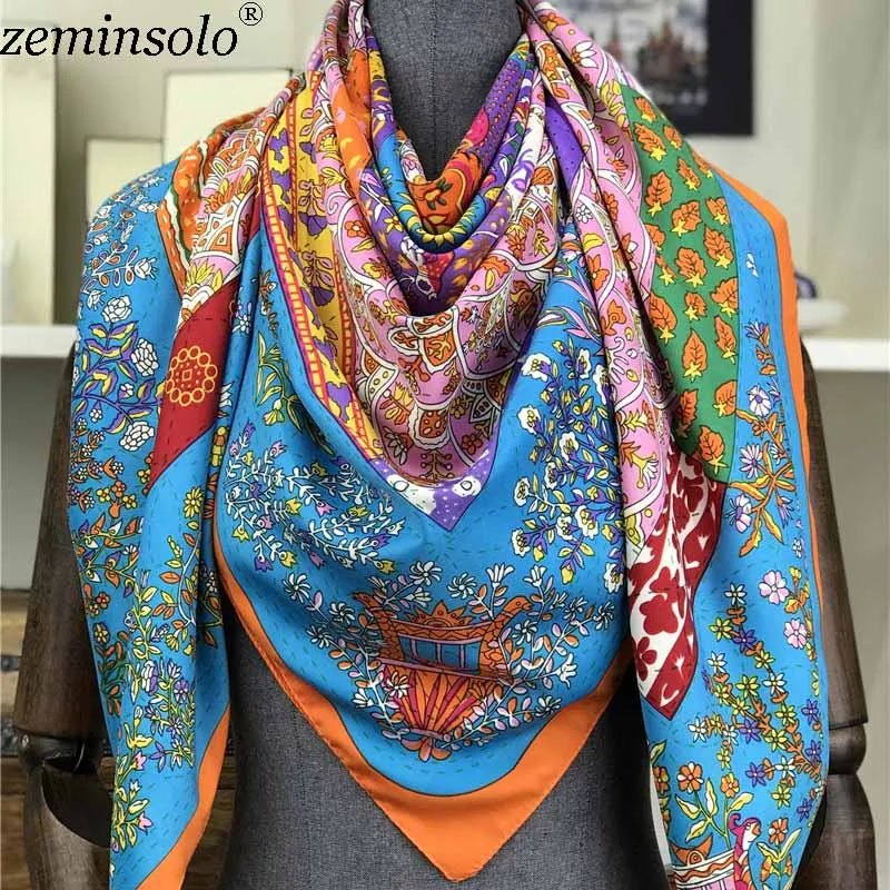 100% Silk Scarf for Women Large Shawls Floral Print 130x130cm