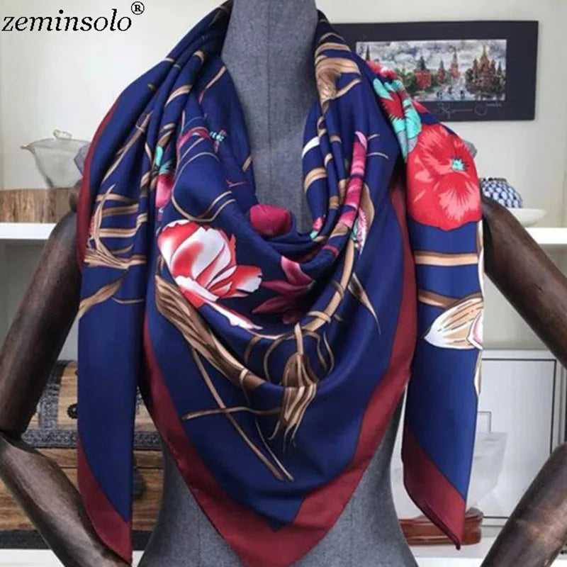 100% Silk Scarf for Women Large Shawls Floral Print 130x130cm