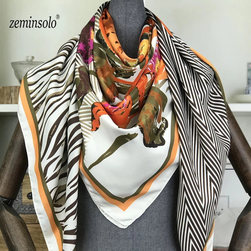 100% Silk Scarf for Women Large Shawls Floral Print 130x130cm