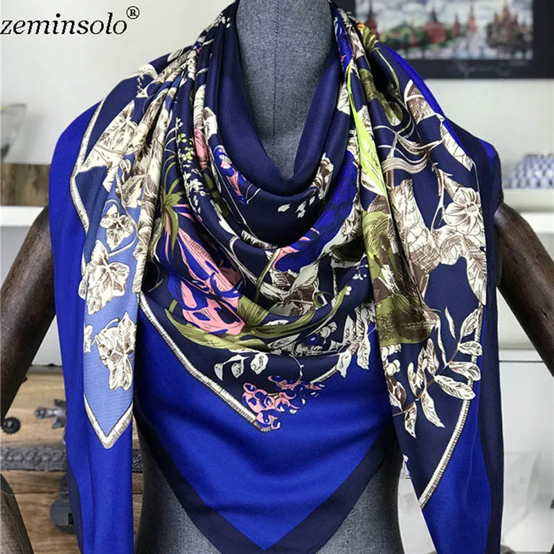100% Silk Scarf for Women Large Shawls Floral Print 130x130cm