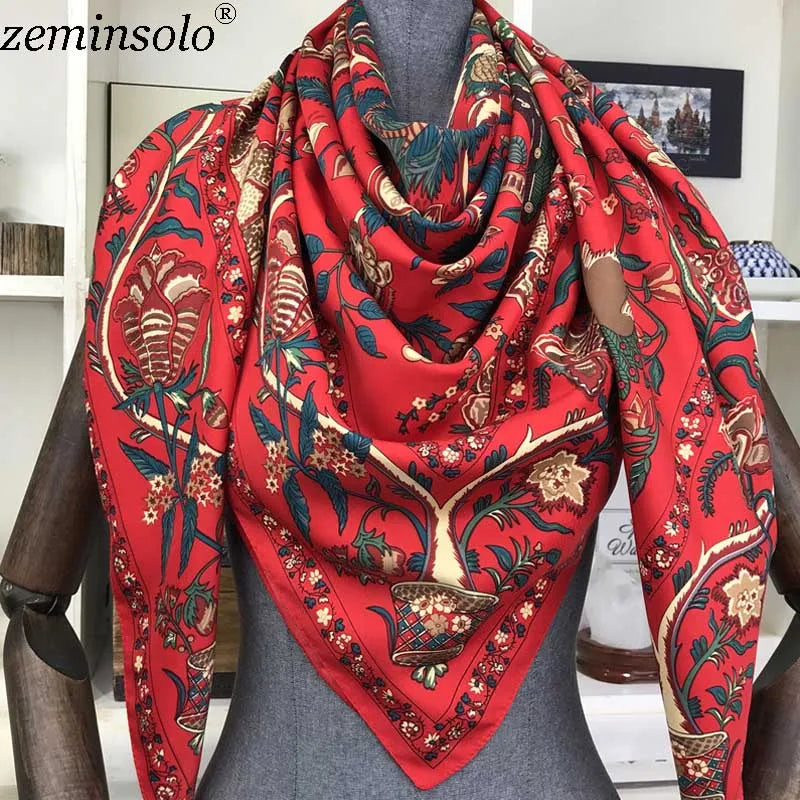 100% Silk Scarf for Women Large Shawls Floral Print 130x130cm