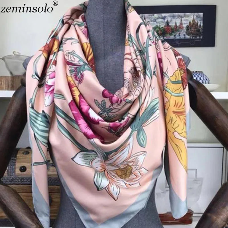 100% Silk Scarf for Women Large Shawls Floral Print 130x130cm