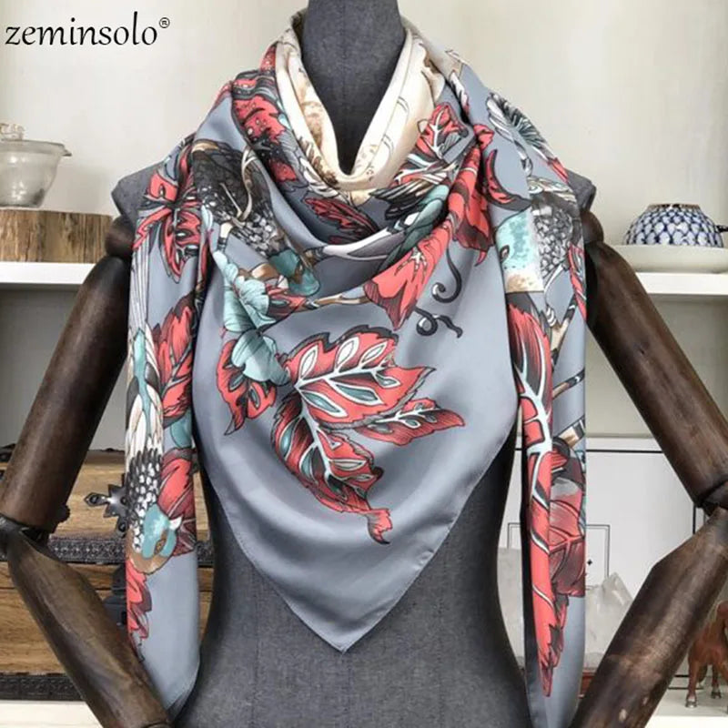 100% Silk Scarf for Women Large Shawls Floral Print 130x130cm