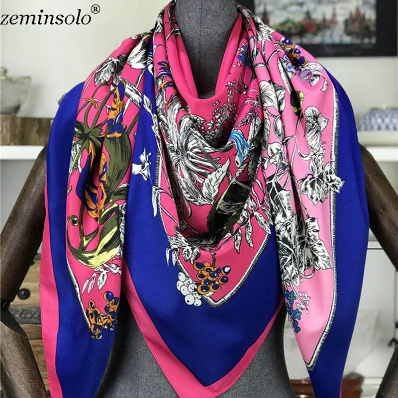 100% Silk Scarf for Women Large Shawls Floral Print 130x130cm