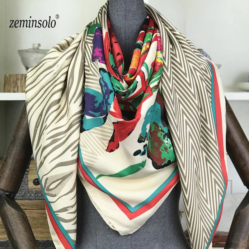 100% Silk Scarf for Women Large Shawls Floral Print 130x130cm