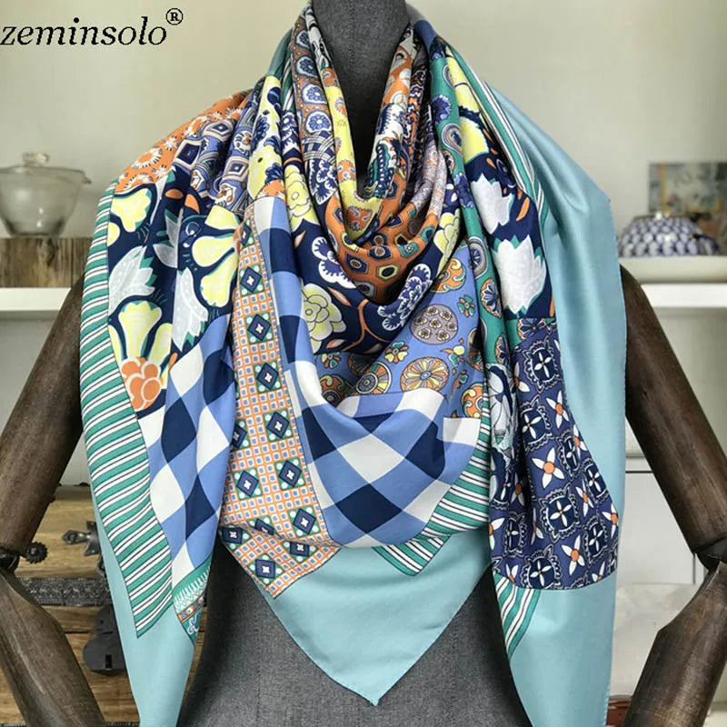 100% Silk Scarf for Women Large Shawls Floral Print 130x130cm