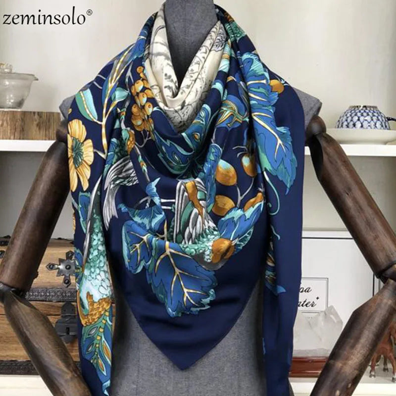 100% Silk Scarf for Women Large Shawls Floral Print 130x130cm