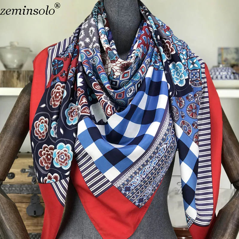 100% Silk Scarf for Women Large Shawls Floral Print 130x130cm