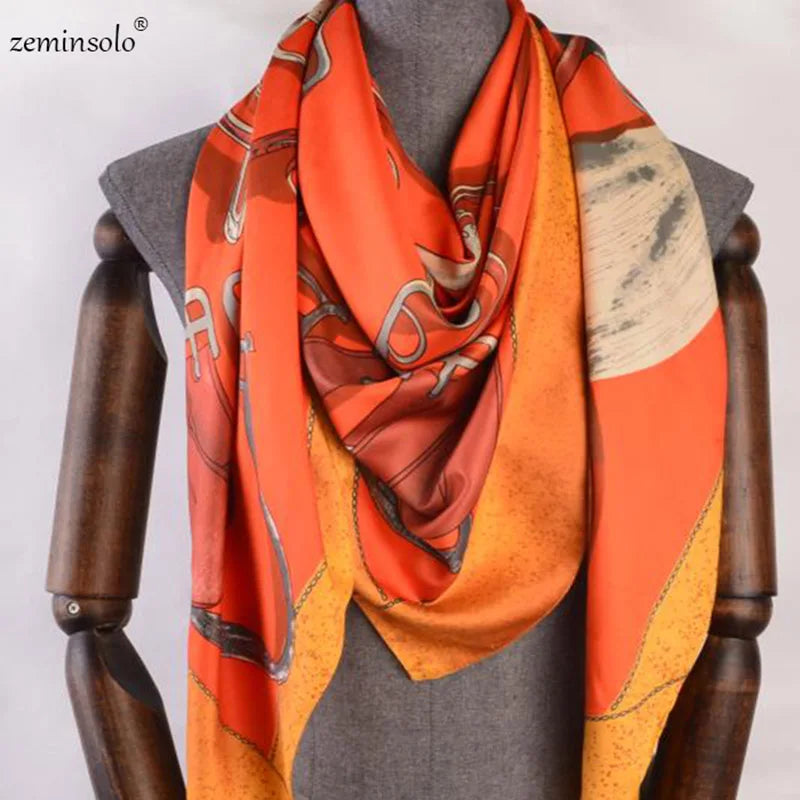 100% Silk Scarf for Women Large Shawls Floral Print 130x130cm