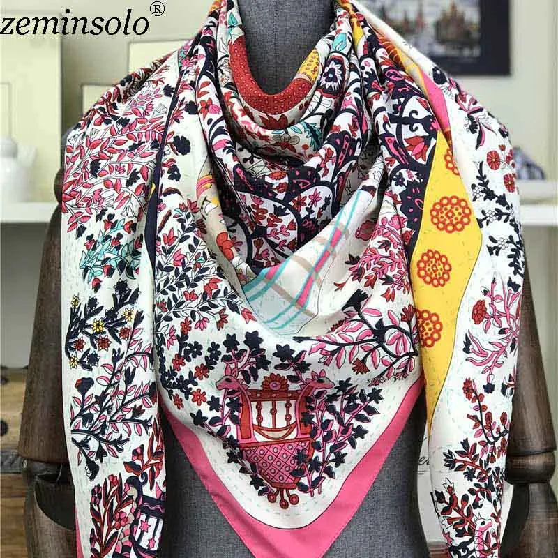 100% Silk Scarf for Women Large Shawls Floral Print 130x130cm