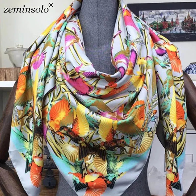 100% Silk Scarf for Women Large Shawls Floral Print 130x130cm