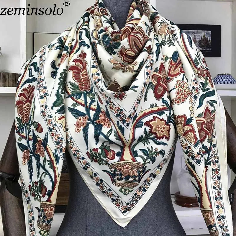 100% Silk Scarf for Women Large Shawls Floral Print 130x130cm