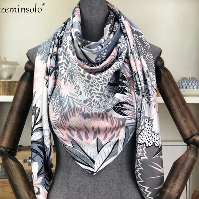 100% Silk Scarf for Women Large Shawls Floral Print 130x130cm