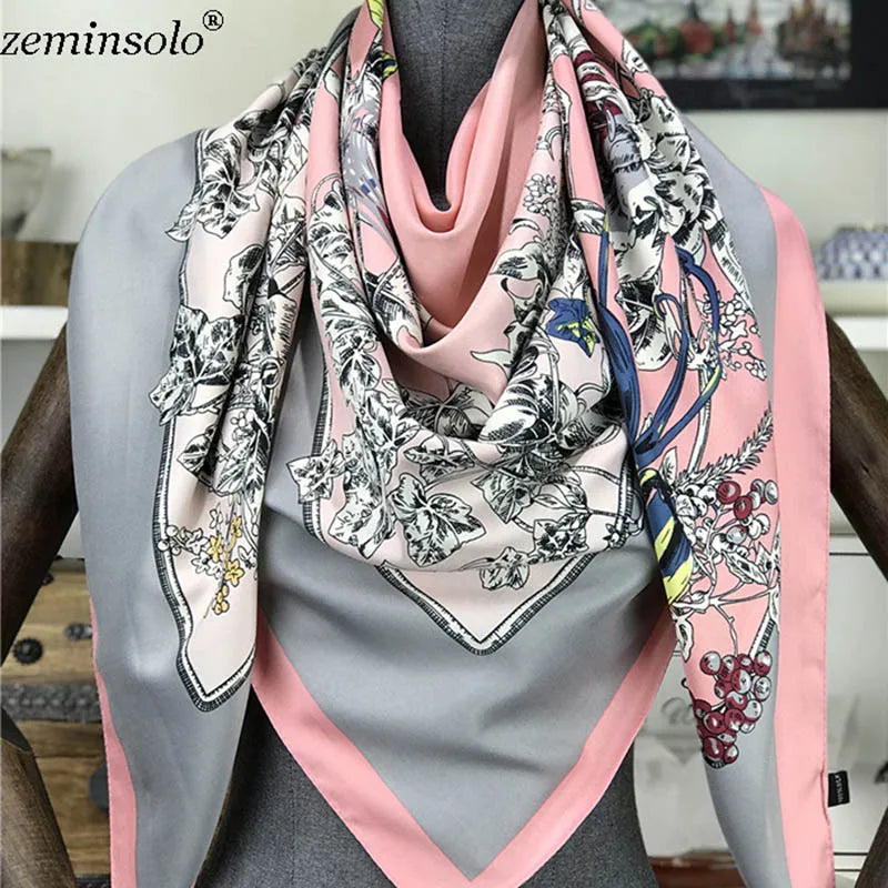 100% Silk Scarf for Women Large Shawls Floral Print 130x130cm