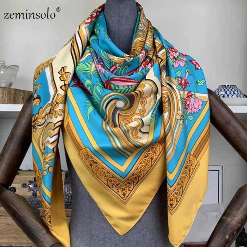 100% Silk Scarf for Women Large Shawls Floral Print 130x130cm