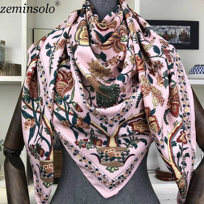 100% Silk Scarf for Women Large Shawls Floral Print 130x130cm