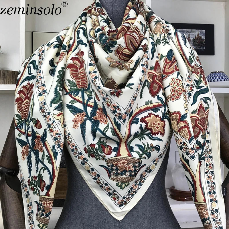 100% Silk Scarf for Women Large Shawls Floral Print 130x130cm