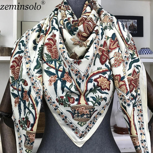 100% Silk Scarf for Women Large Shawls Floral Print 130x130cm