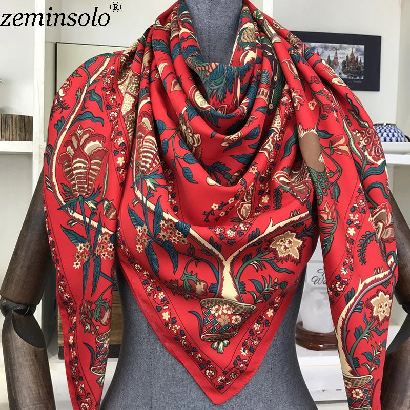 100% Silk Scarf for Women Large Shawls Floral Print 130x130cm