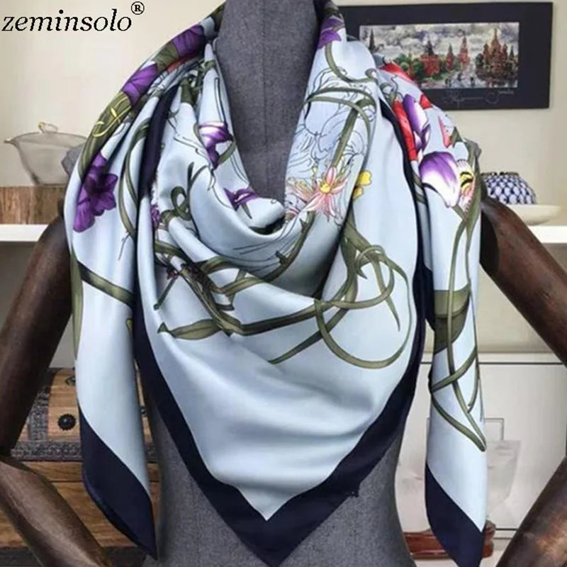 100% Silk Scarf for Women Large Shawls Floral Print 130x130cm