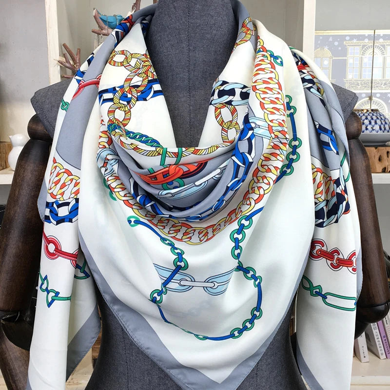 100% Silk Scarf for Women Large Shawls Floral Print 130x130cm