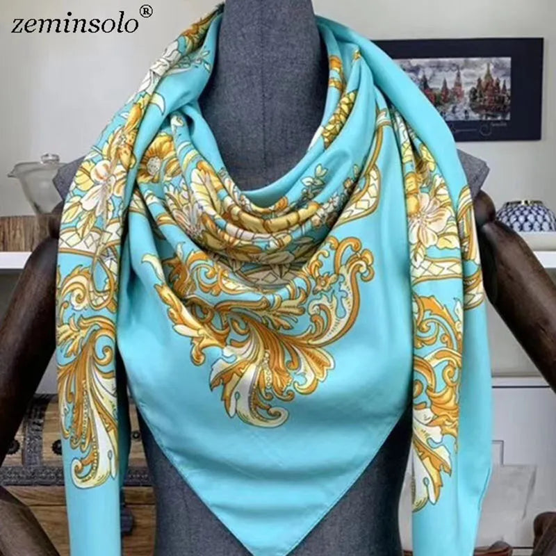 100% Silk Scarf for Women Large Shawls Floral Print 130x130cm