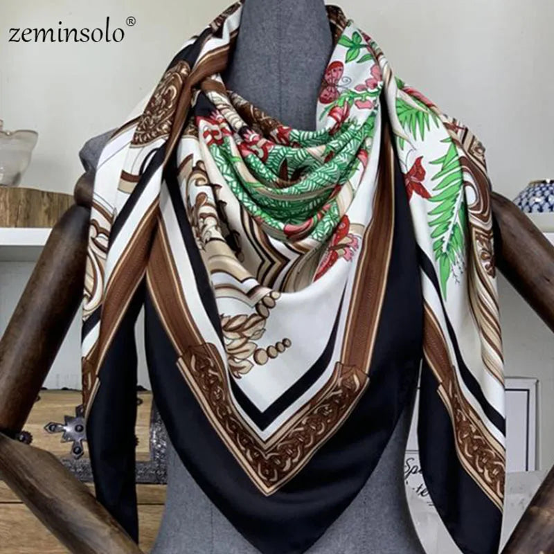 100% Silk Scarf for Women Large Shawls Floral Print 130x130cm