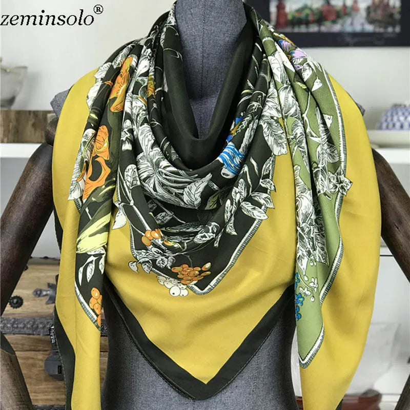 100% Silk Scarf for Women Large Shawls Floral Print 130x130cm