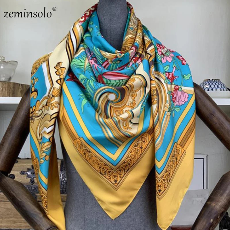 100% Silk Scarf for Women Large Shawls Floral Print 130x130cm