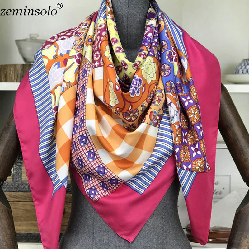 100% Silk Scarf for Women Large Shawls Floral Print 130x130cm