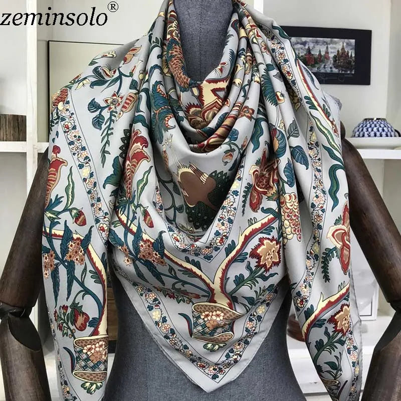 100% Silk Scarf for Women Large Shawls Floral Print 130x130cm