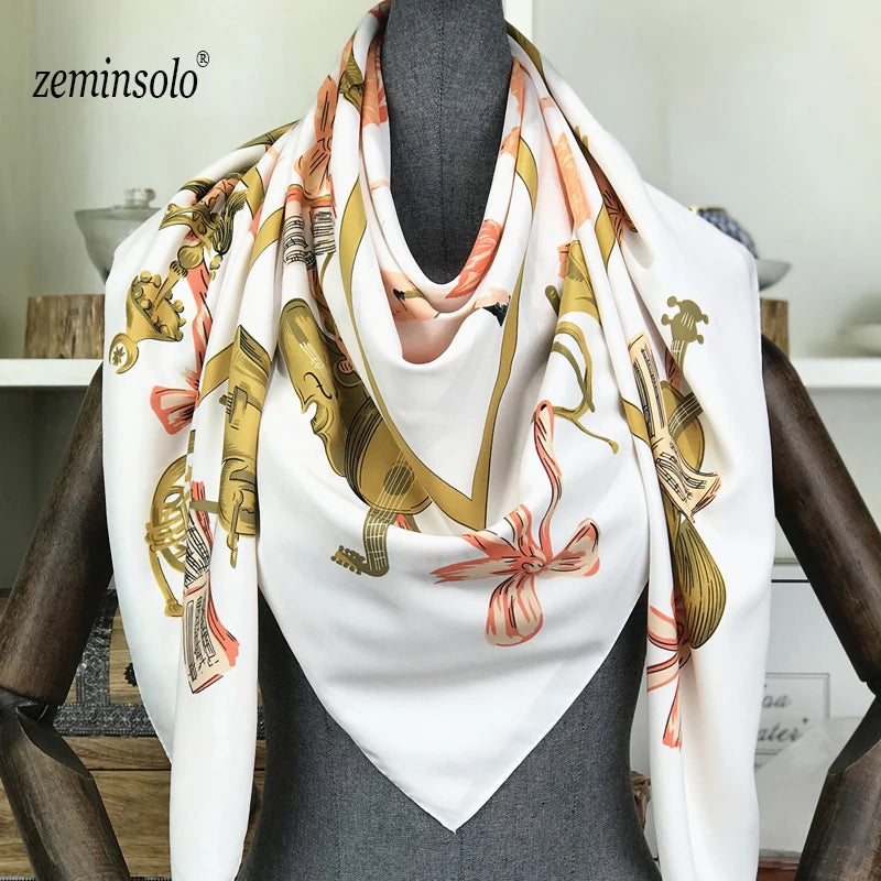 100% Silk Scarf for Women Large Shawls Floral Print 130x130cm