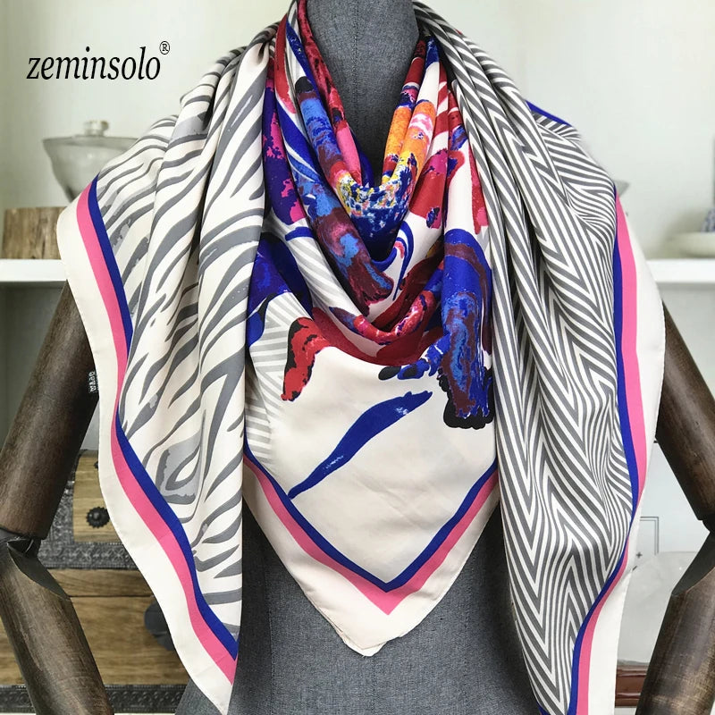 100% Silk Scarf for Women Large Shawls Floral Print 130x130cm