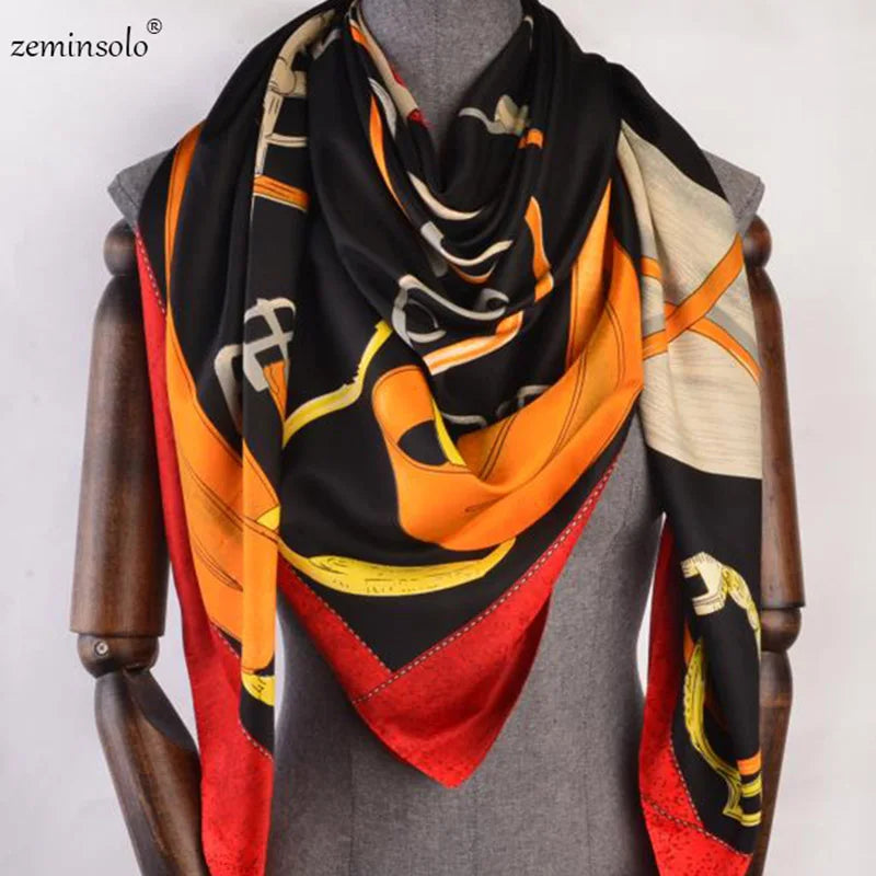100% Silk Scarf for Women Large Shawls Floral Print 130x130cm