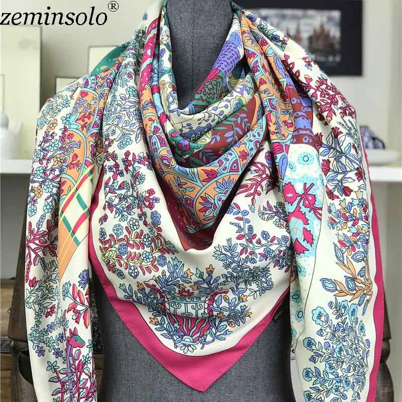 100% Silk Scarf for Women Large Shawls Floral Print 130x130cm