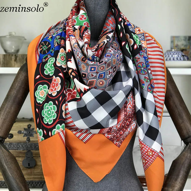 100% Silk Scarf for Women Large Shawls Floral Print 130x130cm