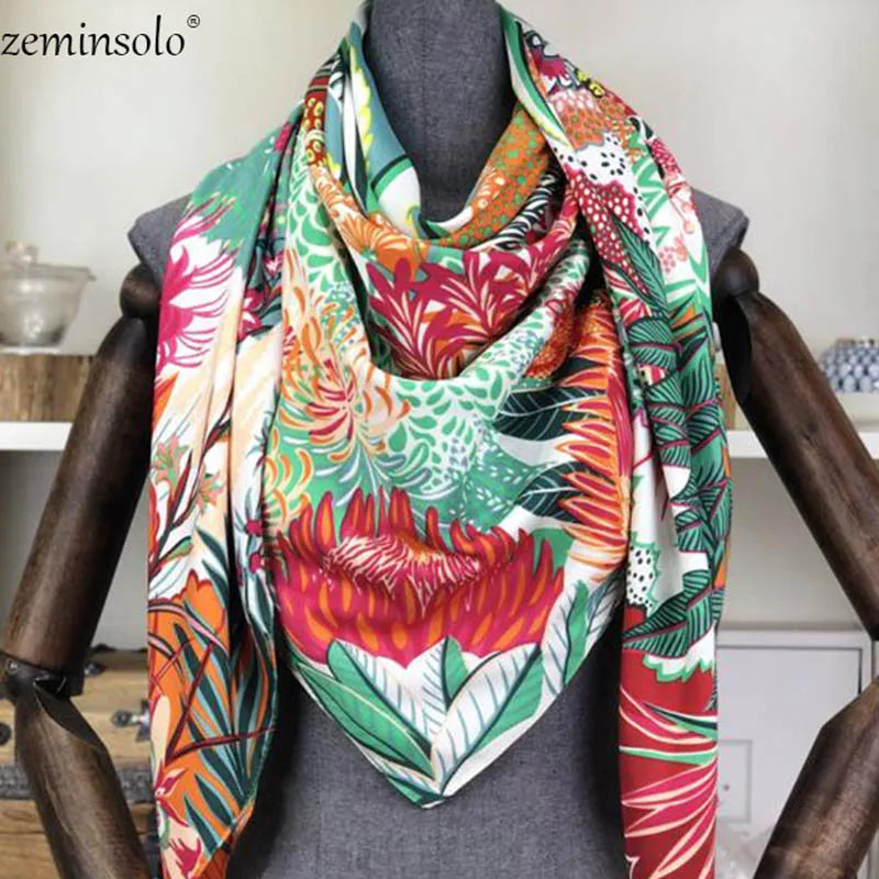 100% Silk Scarf for Women Large Shawls Floral Print 130x130cm