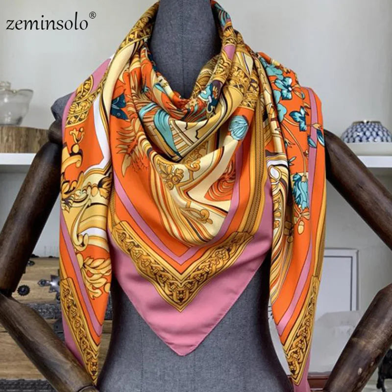 100% Silk Scarf for Women Large Shawls Floral Print 130x130cm