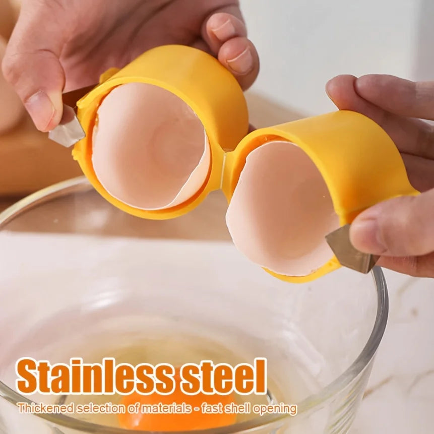 Yellow egg separator being used to separate eggs with a glass bowl in the background.